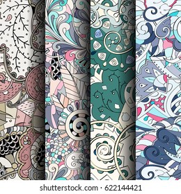Set of tracery colorful seamless patterns. Curved doodling backgrounds for textile or printing with mehndi and ethnic motives. Vector