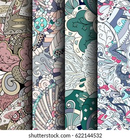 Set of tracery colorful seamless patterns. Curved doodling backgrounds for textile or printing with mehndi and ethnic motives. Vector