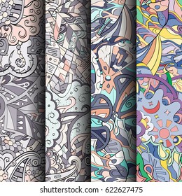 Set of tracery colorful seamless patterns. Curved doodling backgrounds for textile or printing with mehndi and ethnic motives. Vector
