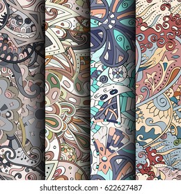 Set of tracery colorful seamless patterns. Curved doodling backgrounds for textile or printing with mehndi and ethnic motives. Vector