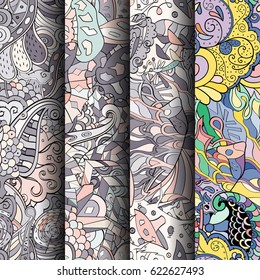 Set of tracery colorful seamless patterns. Curved doodling backgrounds for textile or printing with mehndi and ethnic motives. Vector