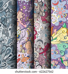 Set of tracery colorful seamless patterns. Curved doodling backgrounds for textile or printing with mehndi and ethnic motives. Vector