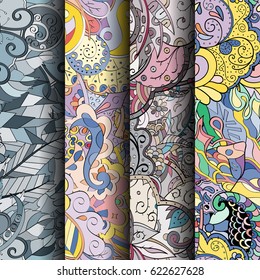 Set of tracery colorful seamless patterns. Curved doodling backgrounds for textile or printing with mehndi and ethnic motives. Vector
