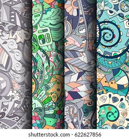 Set of tracery colorful seamless patterns. Curved doodling backgrounds for textile or printing with mehndi and ethnic motives. Vector