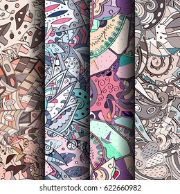 Set of tracery colorful seamless patterns. Curved doodling backgrounds for textile or printing with mehndi and ethnic motives. Vector