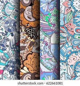 Set of tracery colorful seamless patterns. Curved doodling backgrounds for textile or printing with mehndi and ethnic motives. Vector