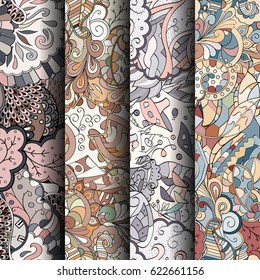 Set of tracery colorful seamless patterns. Curved doodling backgrounds for textile or printing with mehndi and ethnic motives. Vector
