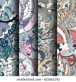 Set of tracery colorful seamless patterns. Curved doodling backgrounds for textile or printing with mehndi and ethnic motives. Vector