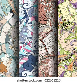 Set of tracery colorful seamless patterns. Curved doodling backgrounds for textile or printing with mehndi and ethnic motives. Vector