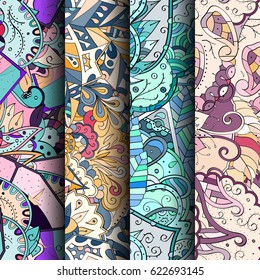 Set of tracery colorful seamless patterns. Curved doodling backgrounds for textile or printing with mehndi and ethnic motives. Vector