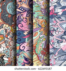 Set of tracery colorful seamless patterns. Curved doodling backgrounds for textile or printing with mehndi and ethnic motives. Vector
