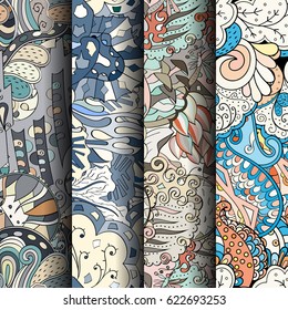 Set of tracery colorful seamless patterns. Curved doodling backgrounds for textile or printing with mehndi and ethnic motives. Vector
