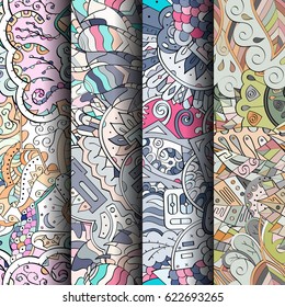 Set of tracery colorful seamless patterns. Curved doodling backgrounds for textile or printing with mehndi and ethnic motives. Vector