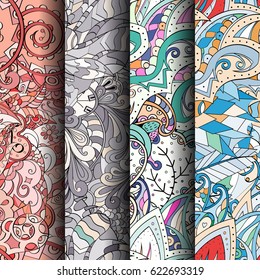 Set of tracery colorful seamless patterns. Curved doodling backgrounds for textile or printing with mehndi and ethnic motives. Vector