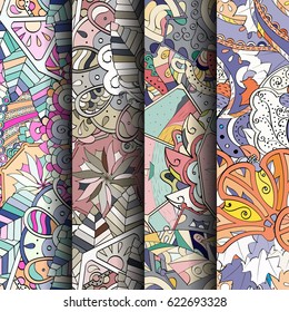 Set of tracery colorful seamless patterns. Curved doodling backgrounds for textile or printing with mehndi and ethnic motives. Vector