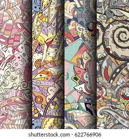 Set of tracery colorful seamless patterns. Curved doodling backgrounds for textile or printing with mehndi and ethnic motives. Vector