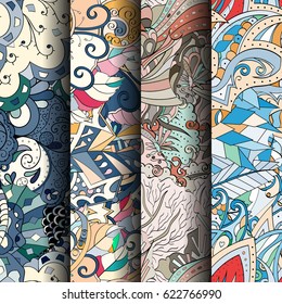 Set of tracery colorful seamless patterns. Curved doodling backgrounds for textile or printing with mehndi and ethnic motives. Vector