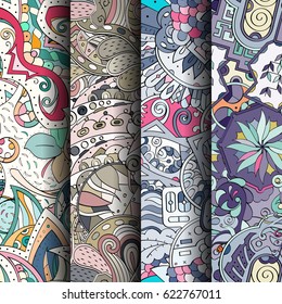 Set of tracery colorful seamless patterns. Curved doodling backgrounds for textile or printing with mehndi and ethnic motives. Vector