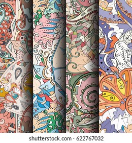 Set of tracery colorful seamless patterns. Curved doodling backgrounds for textile or printing with mehndi and ethnic motives. Vector