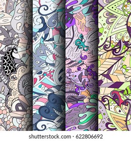 Set of tracery colorful seamless patterns. Curved doodling backgrounds for textile or printing with mehndi and ethnic motives. Vector