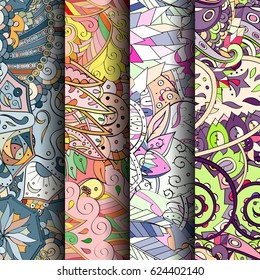Set of tracery colorful seamless patterns. Curved doodling backgrounds for textile or printing with mehndi and ethnic motives. Vector