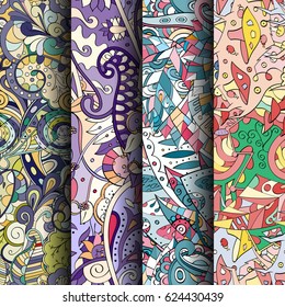 Set of tracery colorful seamless patterns. Curved doodling backgrounds for textile or printing with mehndi and ethnic motives. Vector