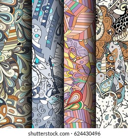 Set of tracery colorful seamless patterns. Curved doodling backgrounds for textile or printing with mehndi and ethnic motives. Vector