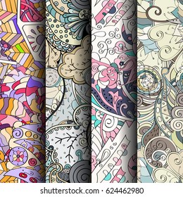Set of tracery colorful seamless patterns. Curved doodling backgrounds for textile or printing with mehndi and ethnic motives. Vector