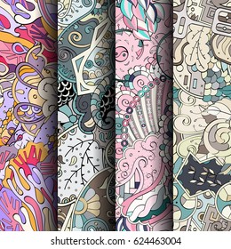 Set of tracery colorful seamless patterns. Curved doodling backgrounds for textile or printing with mehndi and ethnic motives. Vector