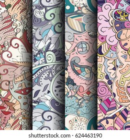 Set of tracery colorful seamless patterns. Curved doodling backgrounds for textile or printing with mehndi and ethnic motives. Vector