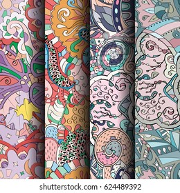 Set of tracery colorful seamless patterns. Curved doodling backgrounds for textile or printing with mehndi and ethnic motives. Vector
