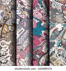 Set of tracery colorful seamless patterns. Curved doodling backgrounds for textile or printing with mehndi and ethnic motives. Vector