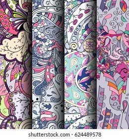 Set of tracery colorful seamless patterns. Curved doodling backgrounds for textile or printing with mehndi and ethnic motives. Vector