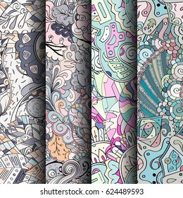 Set of tracery colorful seamless patterns. Curved doodling backgrounds for textile or printing with mehndi and ethnic motives. Vector