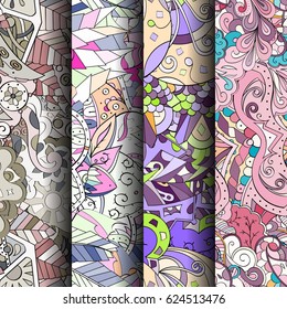 Set of tracery colorful seamless patterns. Curved doodling backgrounds for textile or printing with mehndi and ethnic motives. Vector