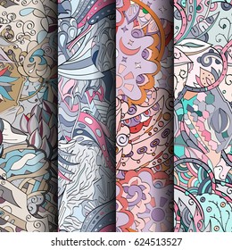 Set of tracery colorful seamless patterns. Curved doodling backgrounds for textile or printing with mehndi and ethnic motives. Vector