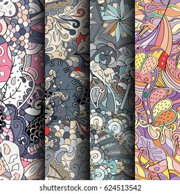 Set of tracery colorful seamless patterns. Curved doodling backgrounds for textile or printing with mehndi and ethnic motives. Vector