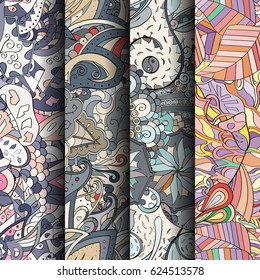 Set of tracery colorful seamless patterns. Curved doodling backgrounds for textile or printing with mehndi and ethnic motives. Vector