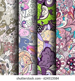 Set of tracery colorful seamless patterns. Curved doodling backgrounds for textile or printing with mehndi and ethnic motives. Vector