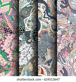 Set of tracery colorful seamless patterns. Curved doodling backgrounds for textile or printing with mehndi and ethnic motives. Vector