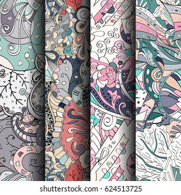 Set of tracery colorful seamless patterns. Curved doodling backgrounds for textile or printing with mehndi and ethnic motives. Vector