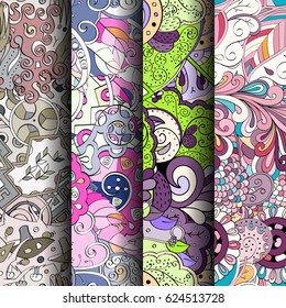 Set of tracery colorful seamless patterns. Curved doodling backgrounds for textile or printing with mehndi and ethnic motives. Vector