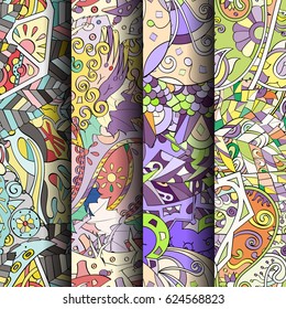Set of tracery colorful seamless patterns. Curved doodling backgrounds for textile or printing with mehndi and ethnic motives. Vector