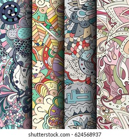 Set of tracery colorful seamless patterns. Curved doodling backgrounds for textile or printing with mehndi and ethnic motives. Vector