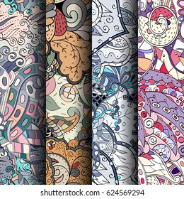 Set of tracery colorful seamless patterns. Curved doodling backgrounds for textile or printing with mehndi and ethnic motives. Vector