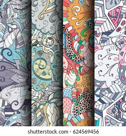 Set of tracery colorful seamless patterns. Curved doodling backgrounds for textile or printing with mehndi and ethnic motives. Vector