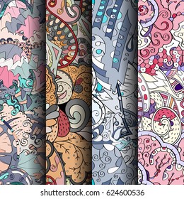 Set of tracery colorful seamless patterns. Curved doodling backgrounds for textile or printing with mehndi and ethnic motives. Vector