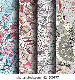 Set of tracery colorful seamless patterns. Curved doodling backgrounds for textile or printing with mehndi and ethnic motives. Vector