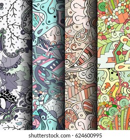 Set of tracery colorful seamless patterns. Curved doodling backgrounds for textile or printing with mehndi and ethnic motives. Vector