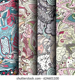 Set of tracery colorful seamless patterns. Curved doodling backgrounds for textile or printing with mehndi and ethnic motives. Vector